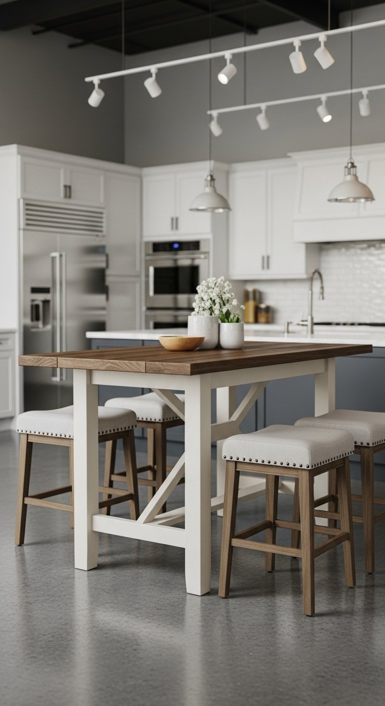 Tall counter-height farmhouse table with rustic wood top off-white base and upholstered counter-height stools in a modern kitchen