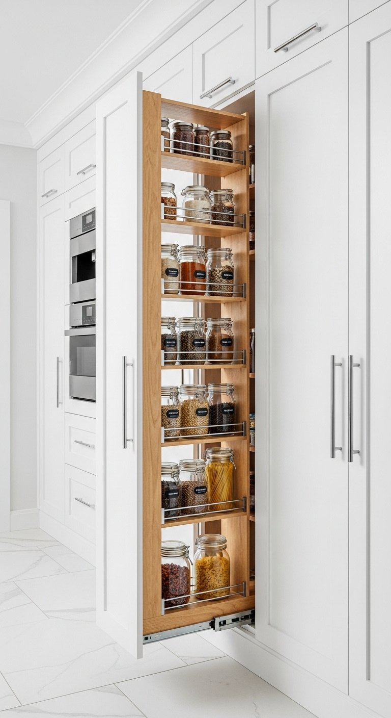 Tall pull-out pantry cabinet open showing organized glass jars of spices grains and pasta in a bright modern kitchen