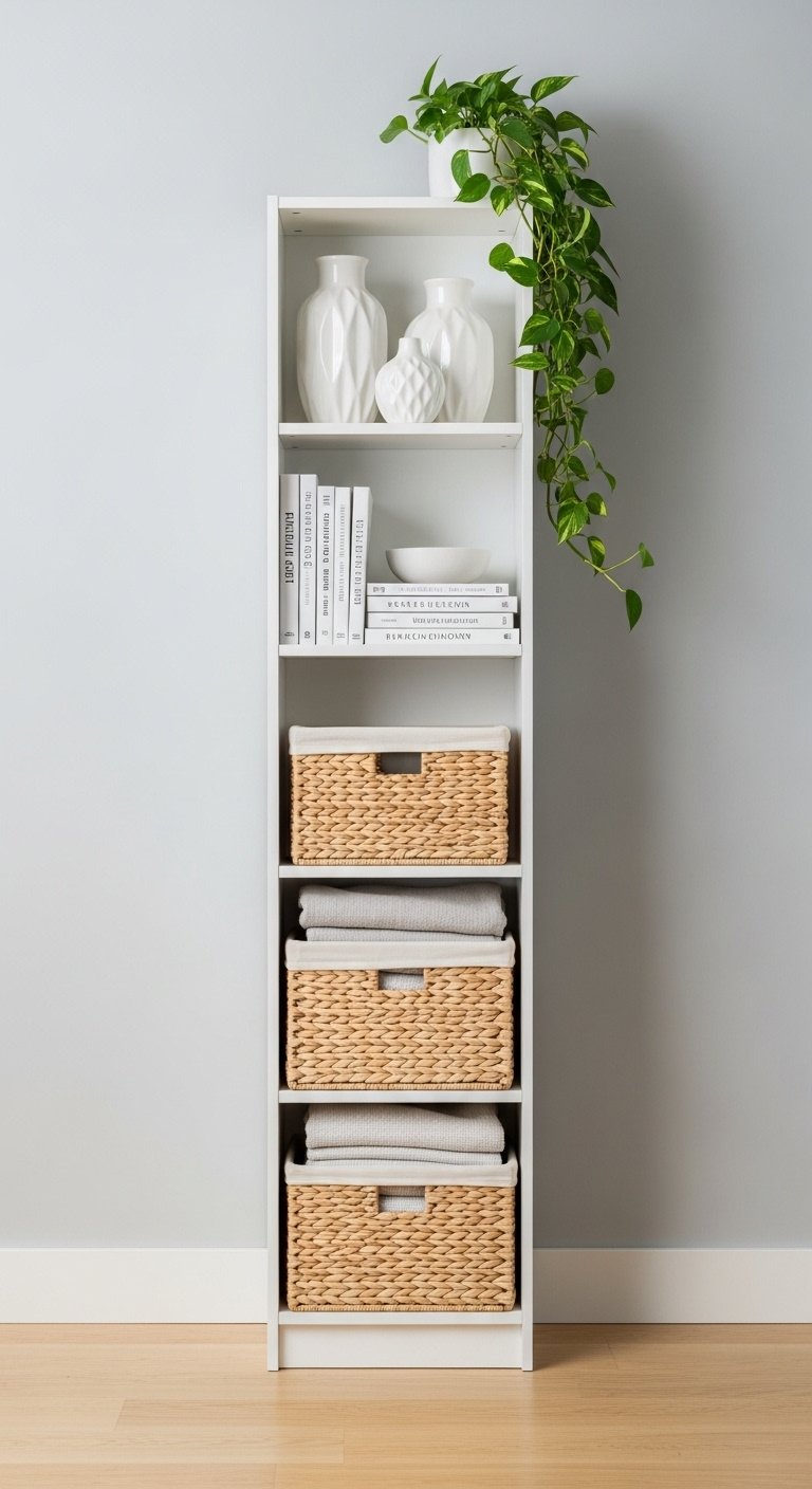 Tall slim white bookshelf with cookbooks and baskets in a clean dining area maximizing vertical storage