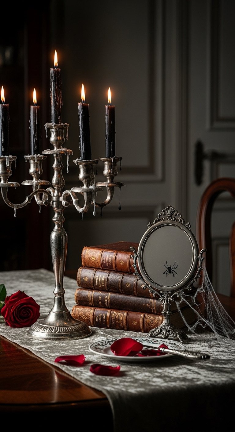 Tarnished silver candelabra with black dripping candles, old leather books, and antique hand mirror on a mahogany table