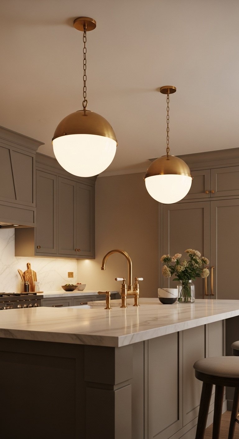 Taupe kitchen island with globe shaped brass pendant lights and cream marble countertop