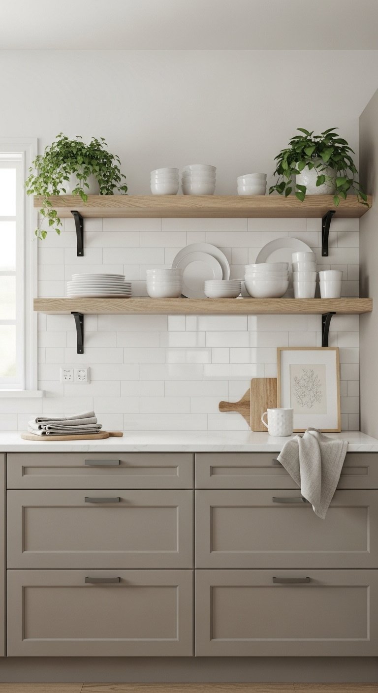 Taupe lower cabinets with natural wood open shelves styled with white plates and green plants