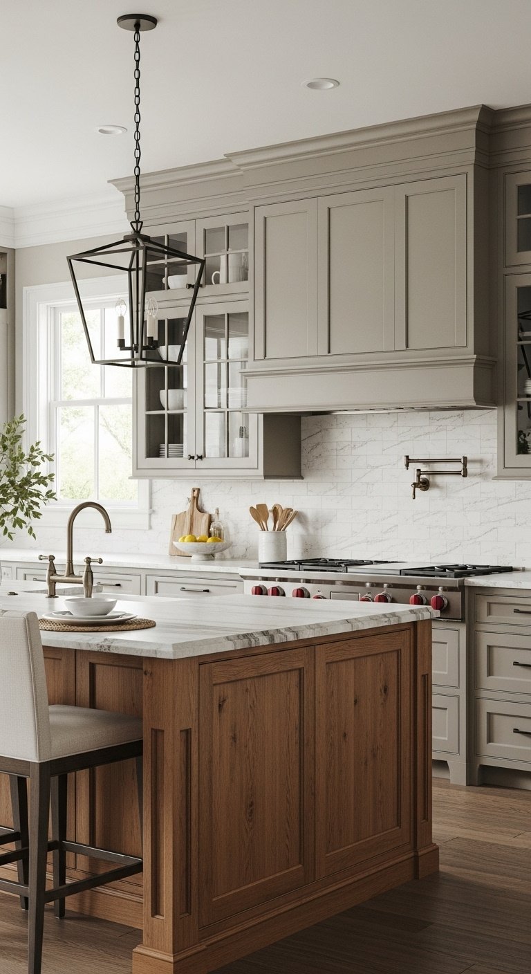 Taupe painted upper cabinets with glass-front doors and natural wood kitchen island with quartzite countertop