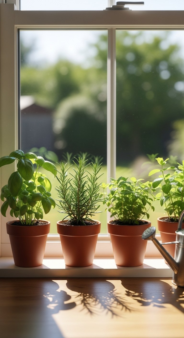 Terracotta pots with fresh basil rosemary and mint herbs on a sunny kitchen windowsill