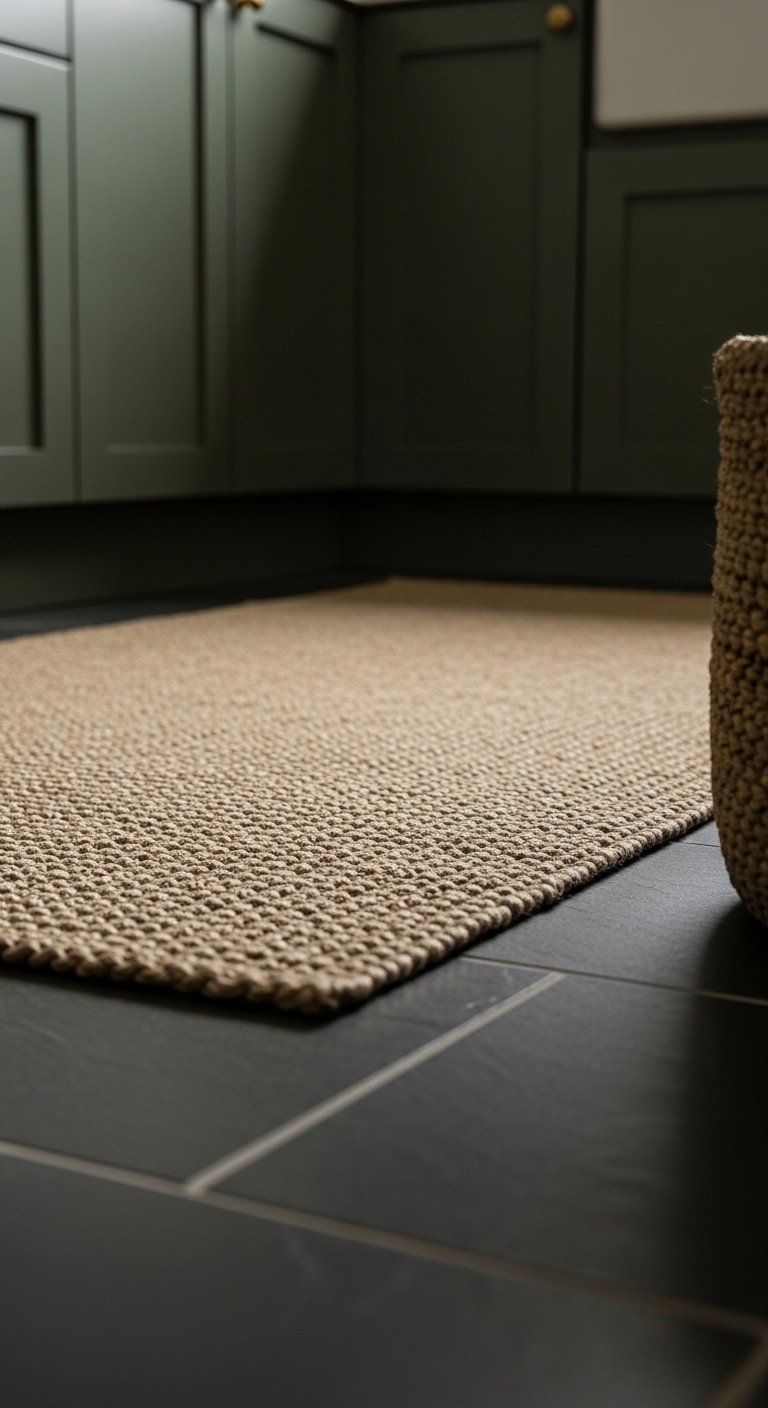 Textured jute runner on dark slate kitchen floor, soft natural light, blurred green cabinets, woven basket edge, warm inviting mood