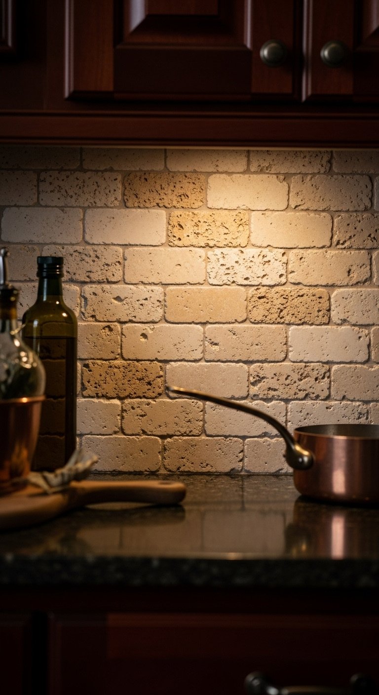 Textured natural stone backsplash tumbled travertine tiles dark granite countertop cherry wood cabinets copper pot olive oil