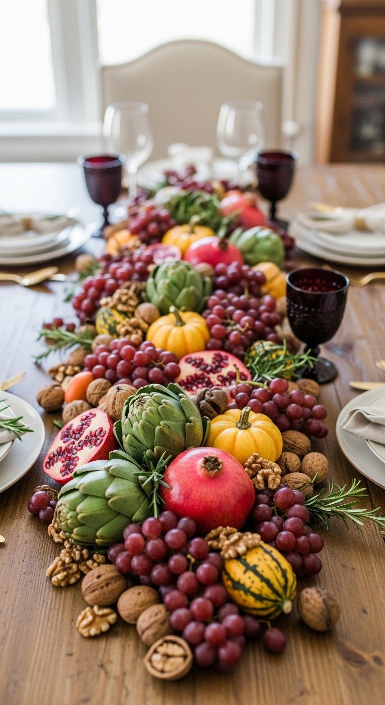 Thanksgiving bountiful harvest edible runner with artichokes pomegranates gourds grapes rosemary and walnuts on rustic table
