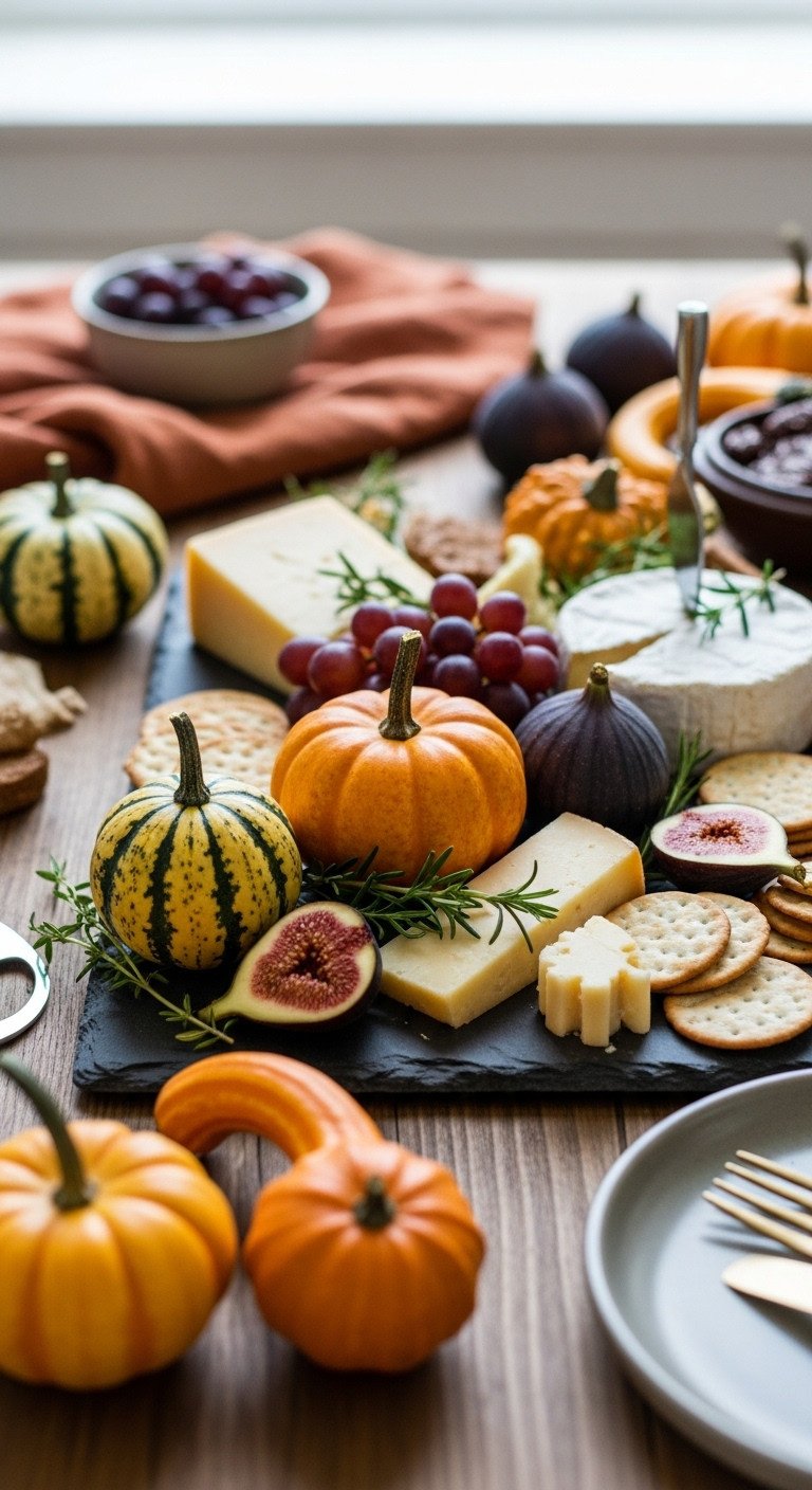 Thanksgiving gourd and cheese garnish accents with decorative gourds nestled among cheeses grapes and herbs on a slate board