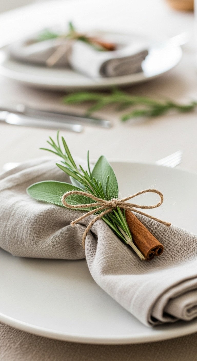 Thanksgiving herb bundle and spice napkin ring with fresh rosemary sage leaves and cinnamon stick