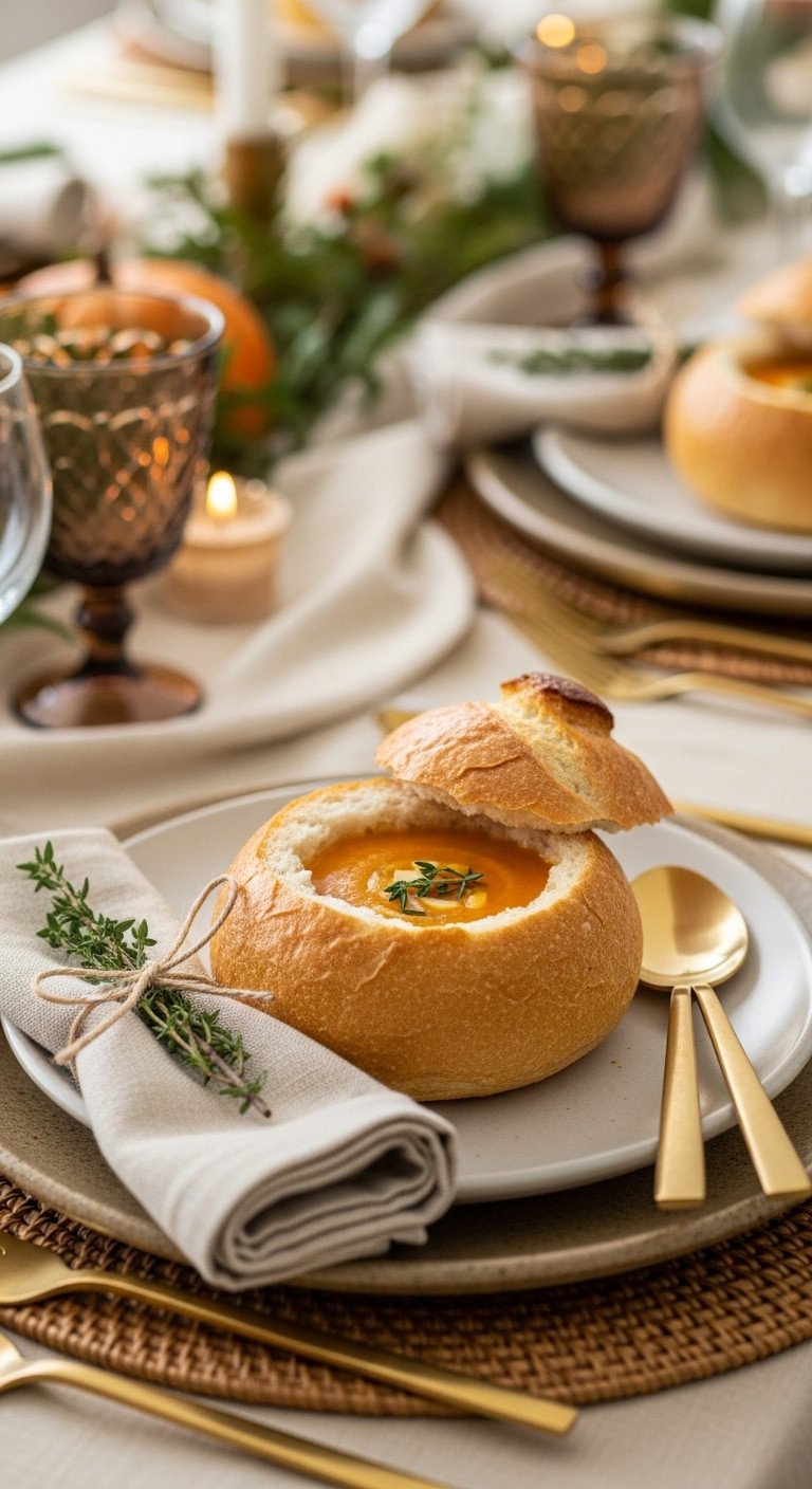 Thanksgiving individual bread bowl place setting with soup on rustic stoneware plate with linen napkin and gold flatware