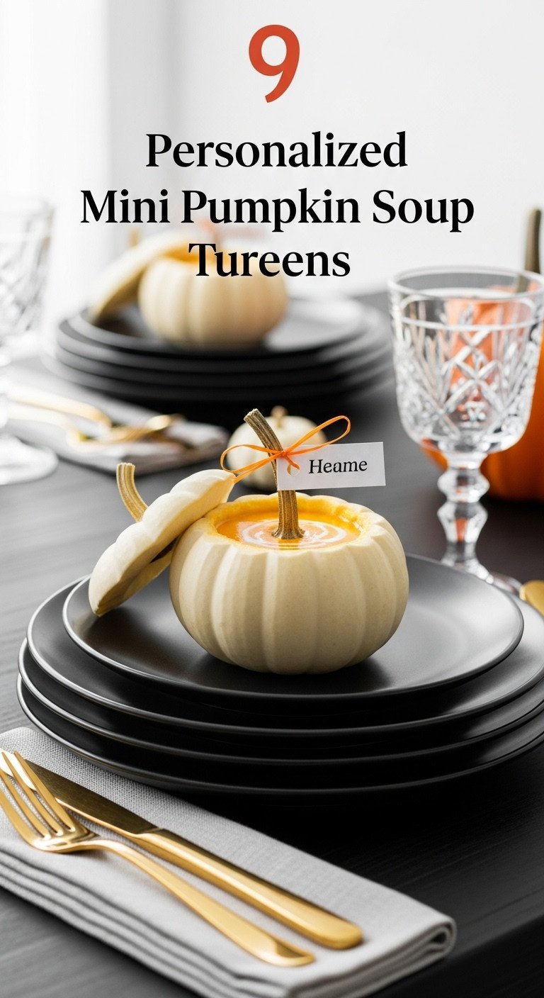 Thanksgiving personalized mini pumpkin soup tureens with creamy orange soup and guest name tag on black plates