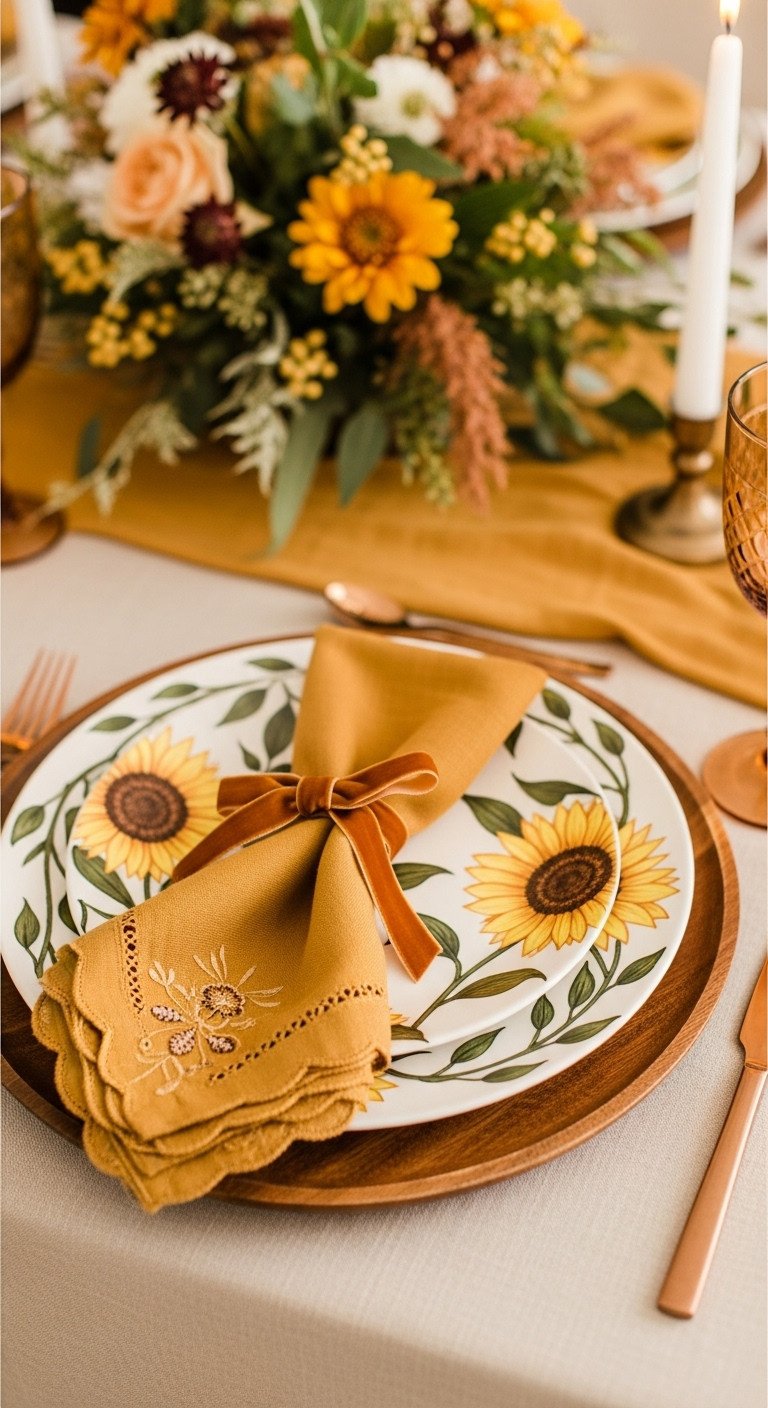 Thanksgiving place setting with sunflower dinner plate wooden charger mustard napkin copper ribbon and blurred floral centerpiece