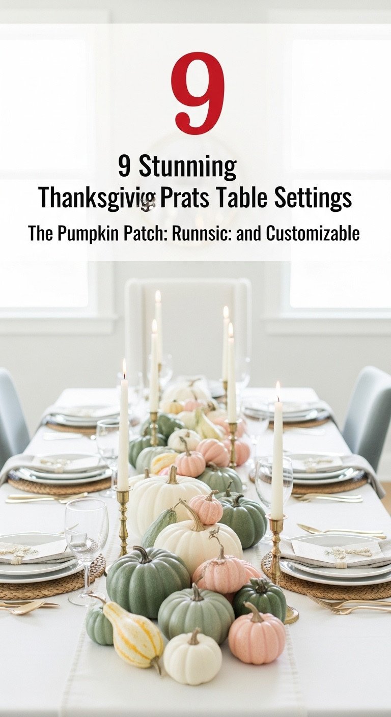 Thanksgiving pumpkin patch runner with various sage green white and pastel pink pumpkins and gourds on a white table runner