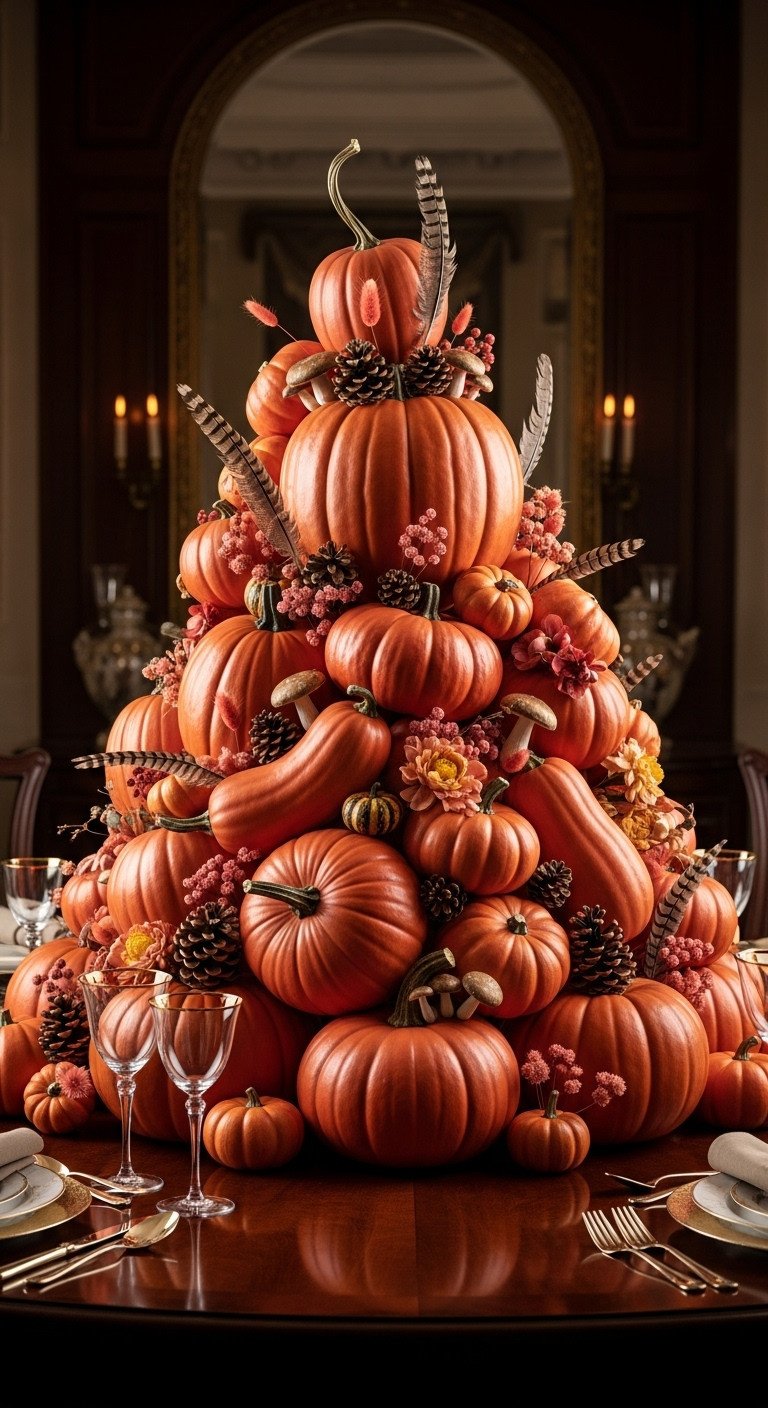 Thanksgiving round table decor with coral pumpkin pile dried flowers feathers mushrooms and pinecones on a mahogany table