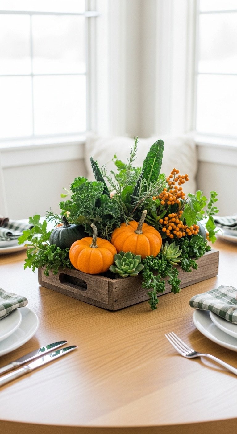 Thanksgiving round table mini garden display with pumpkins seasonal greens succulents in wooden tray on light oak table