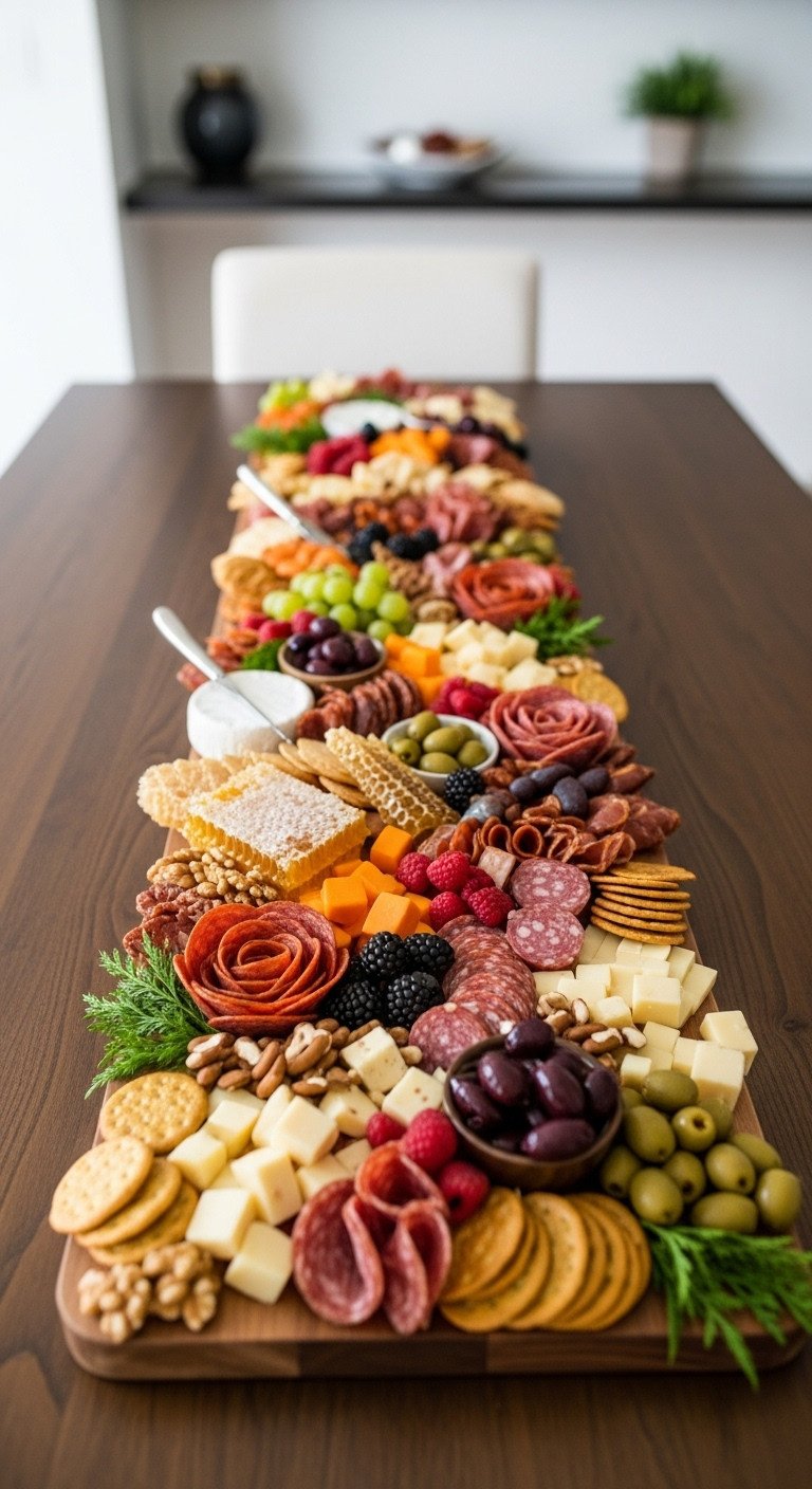 Thanksgiving rustic charcuterie board runner with meats cheeses fruits nuts salami roses honeycomb and olives