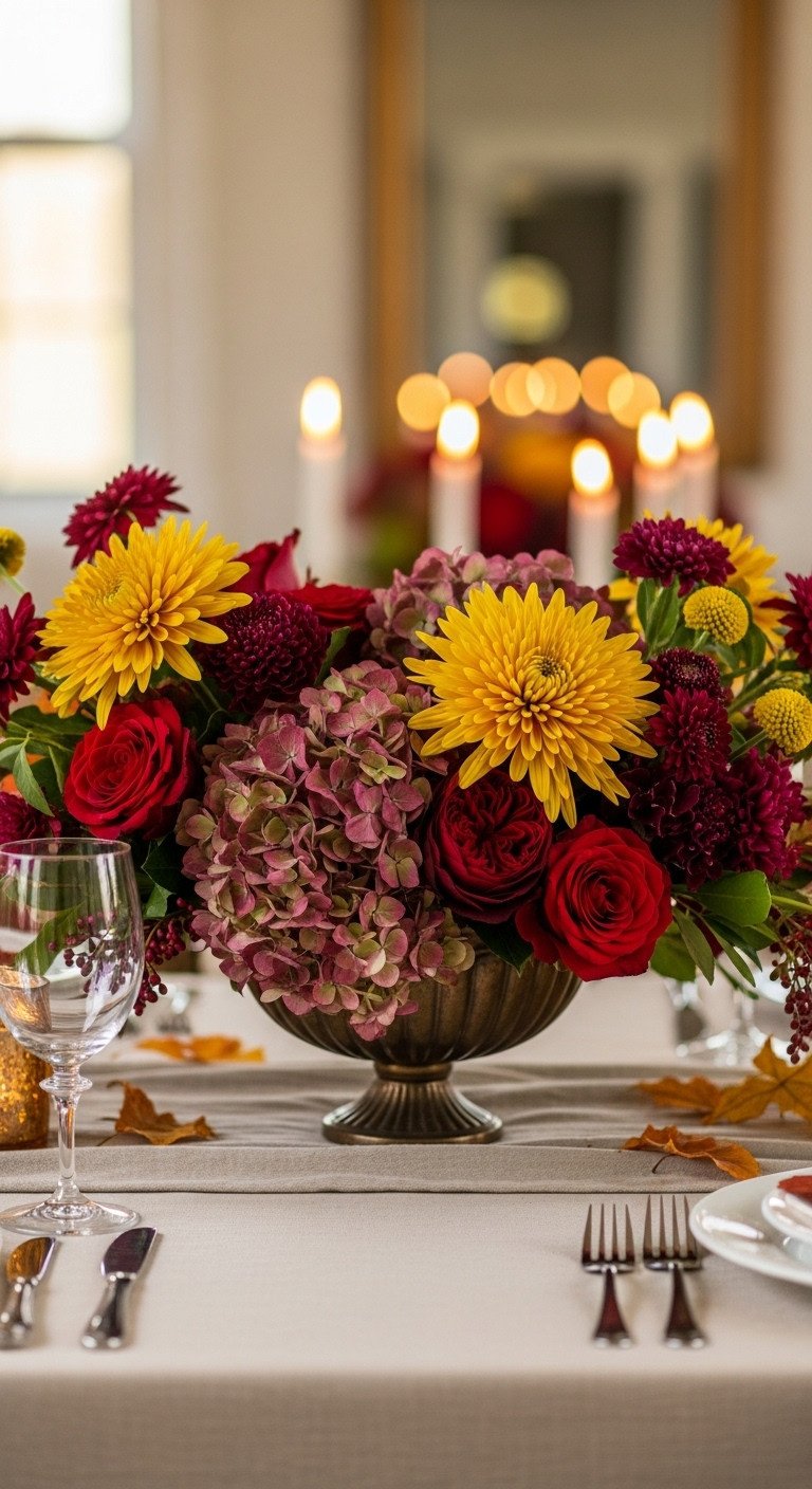 Thanksgiving table centerpiece with low floral arrangement in bronze vase with antique hydrangeas deep red roses and golden yellow mums