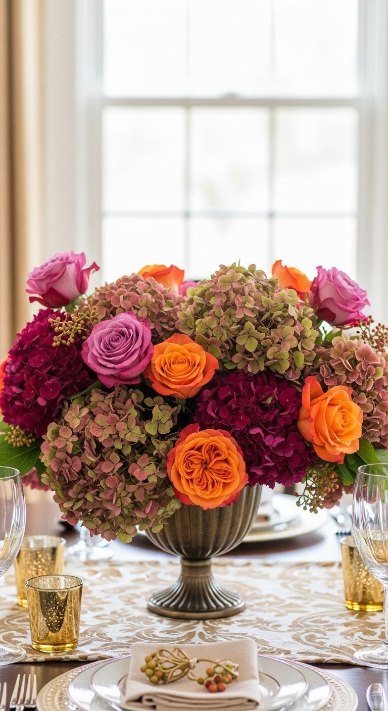 Thanksgiving table centerpiece with lush antique hydrangeas deep pink and vibrant orange roses in a bronze vase under bright daylight
