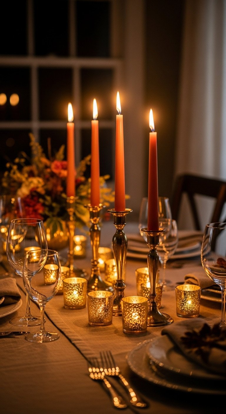 Thanksgiving table glowing with tall orange candlesticks and gold votive holders casting dramatic shadows on linen tablecloth
