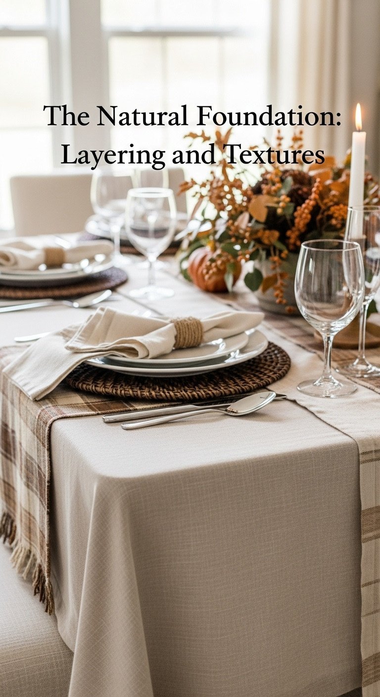 Thanksgiving table setting with layered natural linen tablecloth plaid runner and woven placemats in warm autumn tones