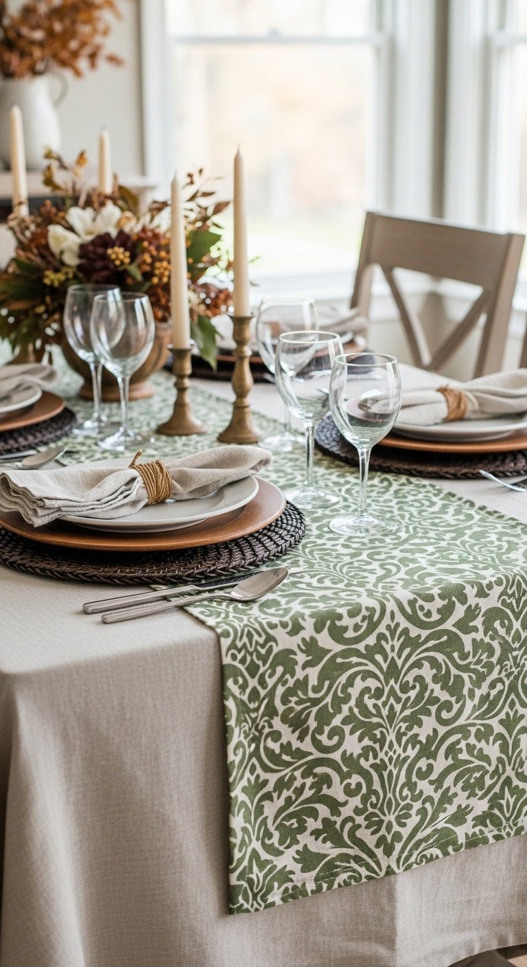 Thanksgiving table setting with natural linen damask runner wooden chargers and rustic cutlery under soft window light
