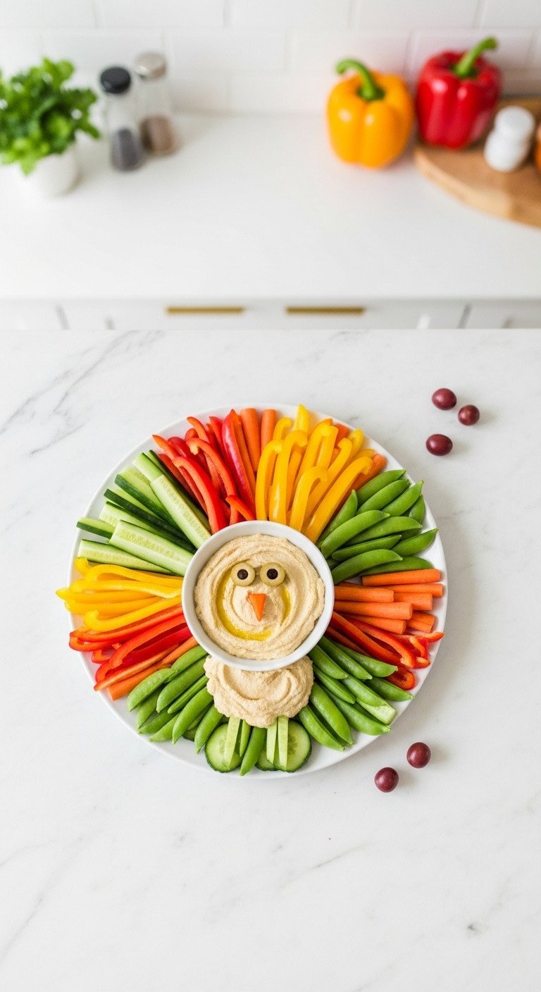 Thanksgiving turkey-shaped veggie and dip platter with bell peppers cucumbers carrots snap peas and hummus