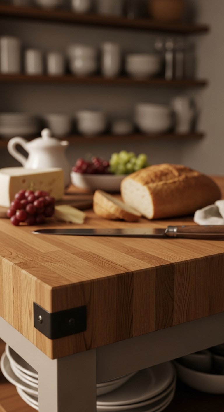 Thick butcher block countertop with cheese grapes and a bread knife in a European cottage kitchen with blurred open shelves