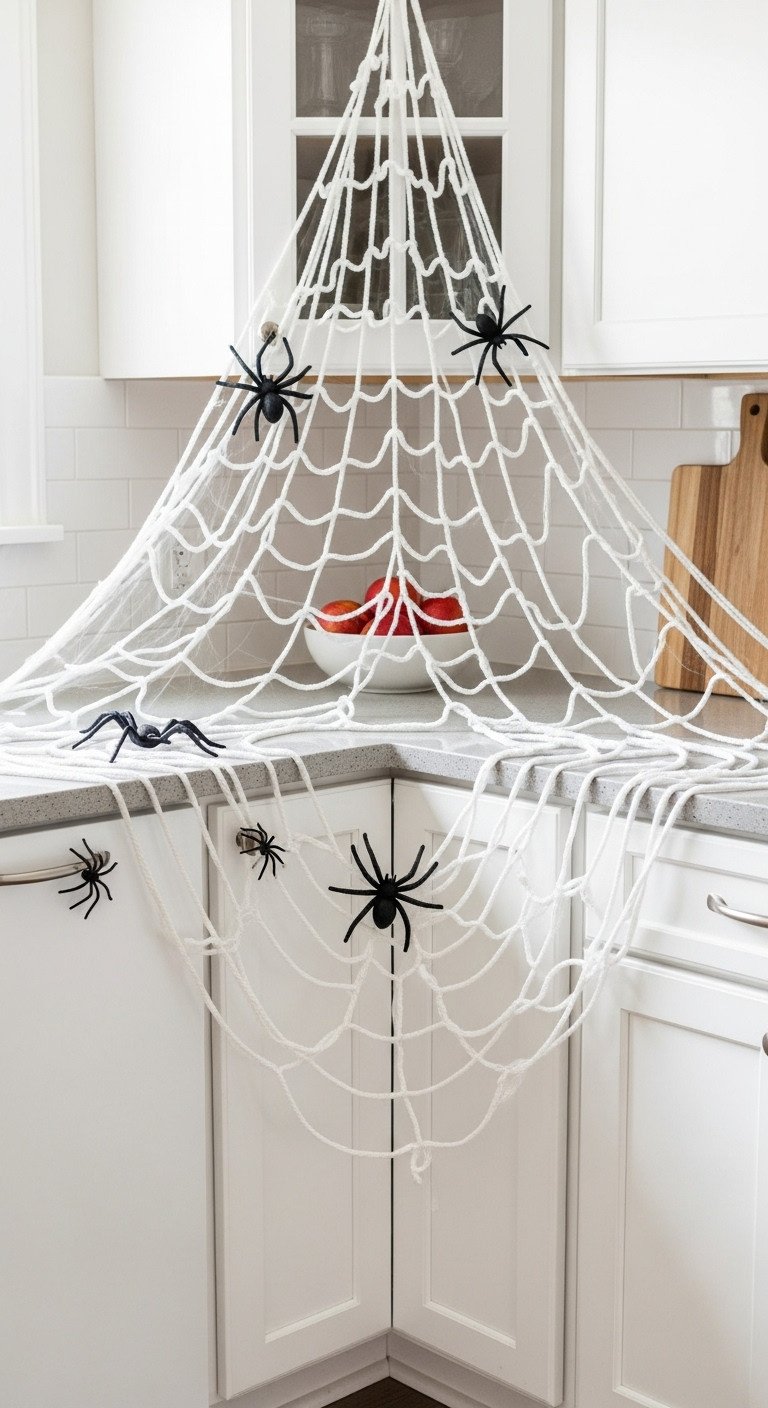 Thick white yarn spider webs with black plastic spiders stretched over a modern white kitchen cabinet with a bowl of apples