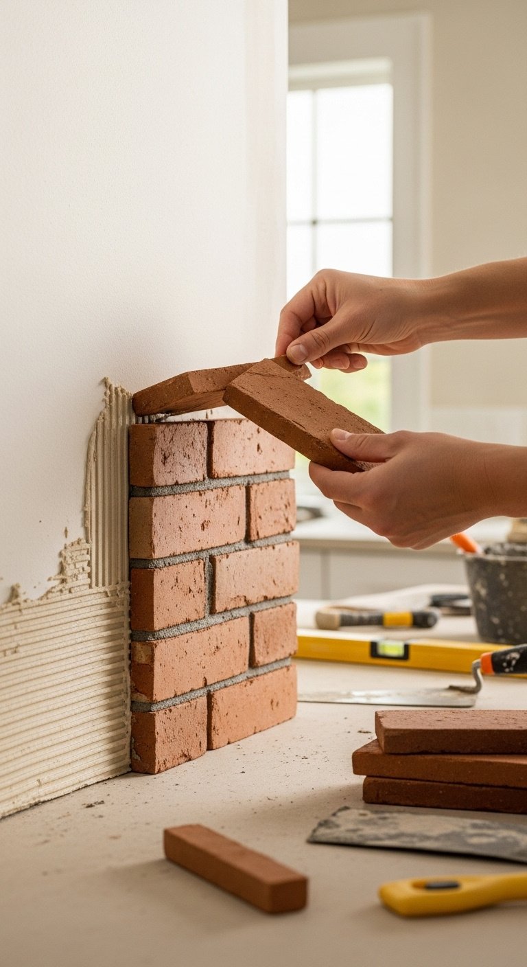 Thin brick veneer installation on a kitchen wall showing adhesive tools mortar and a stack of veneers in a clean instructional setting