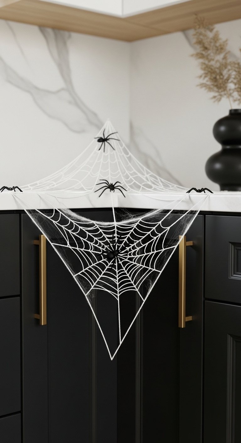 Thinly stretched white faux spider webs draped over matte black kitchen cabinets with gold hardware and small black plastic spiders