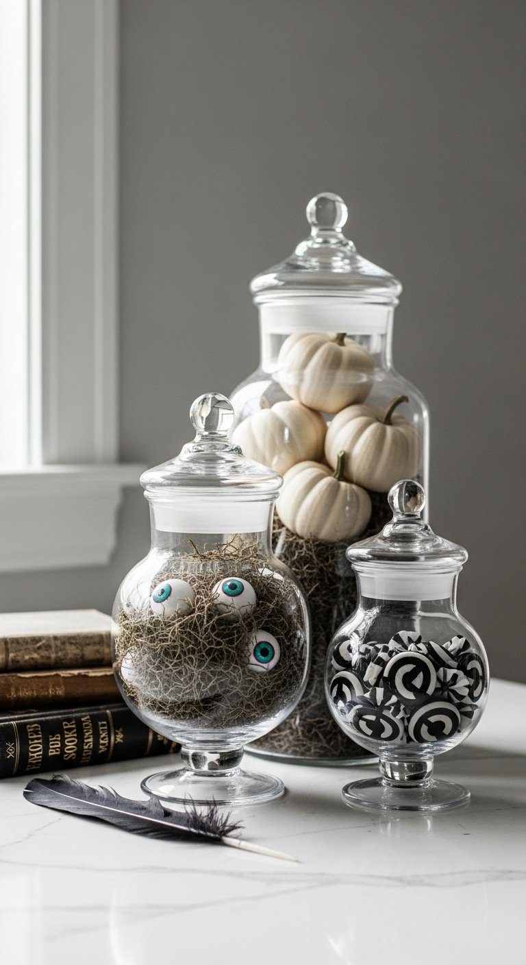 Three clear glass apothecary jars on a white quartz countertop: one with mini white pumpkins, one with Spanish moss and eyeballs, one with striped candy