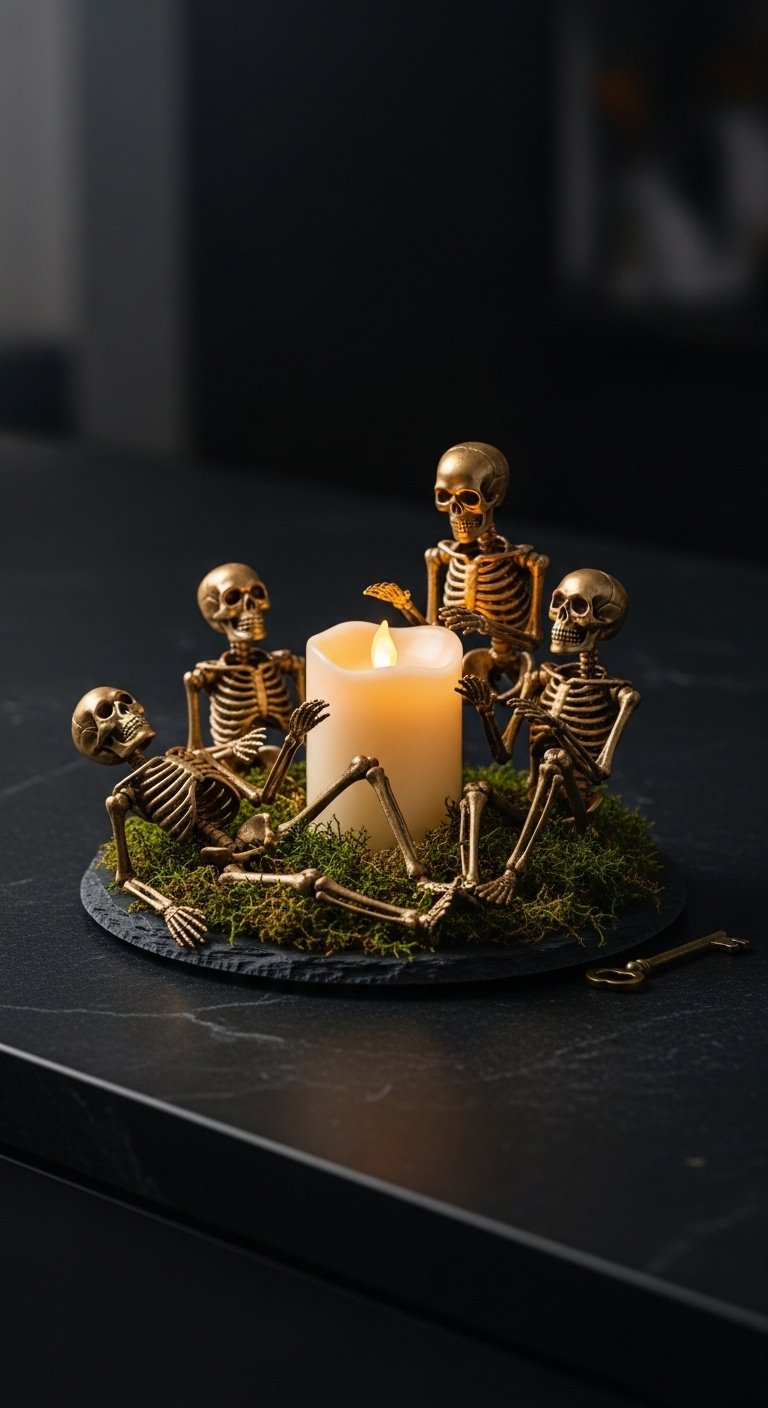 Poseable skeleton in a tiny witch hat "helping" bake next to a stand mixer on a dark granite kitchen island with flour and eggshell