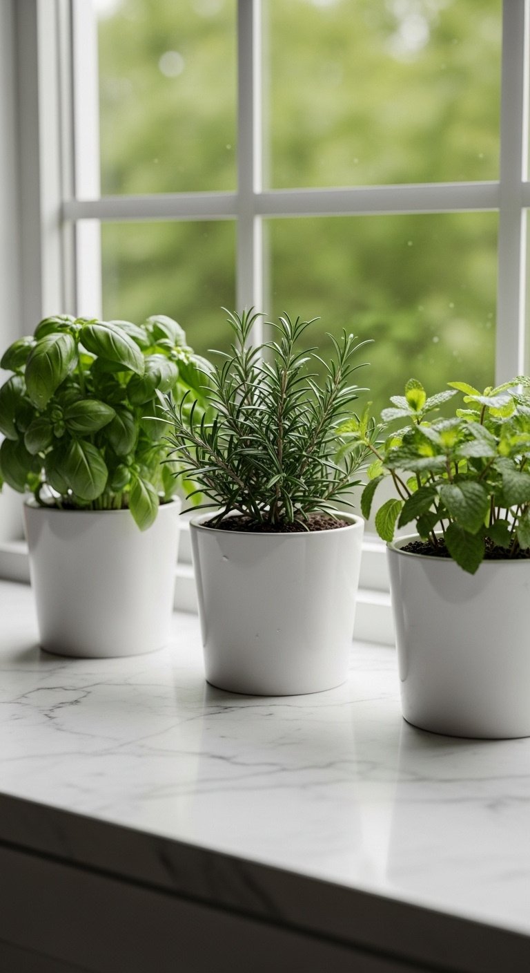 Three white ceramic pots with basil rosemary and mint herbs on a kitchen windowsill