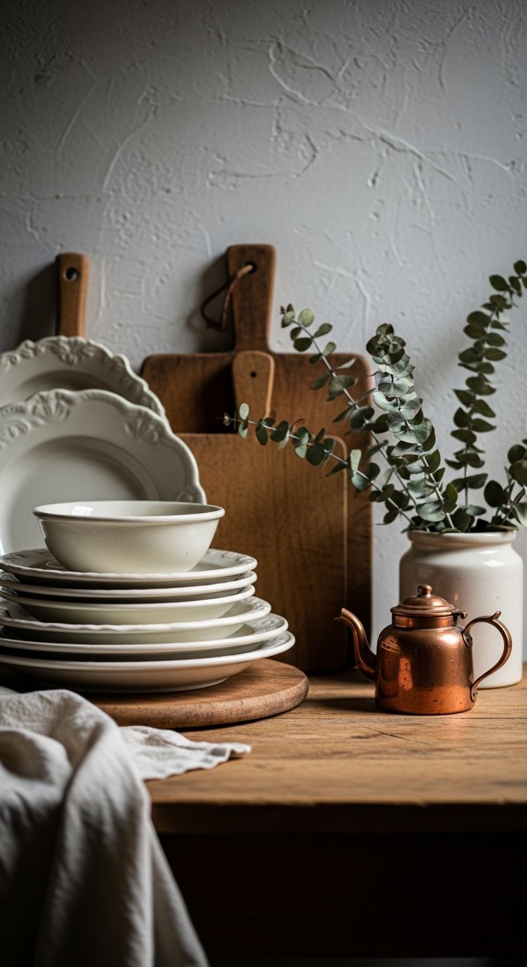 Thrifted kitchen decor vignette with antique ironstone platters vintage cutting board and copper teapot on a rustic table