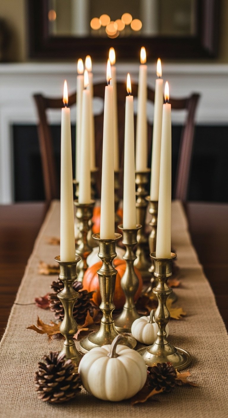 Thrifted vintage brass candlestick centerpiece with cream taper candles pinecones and fall leaves on a burlap runner