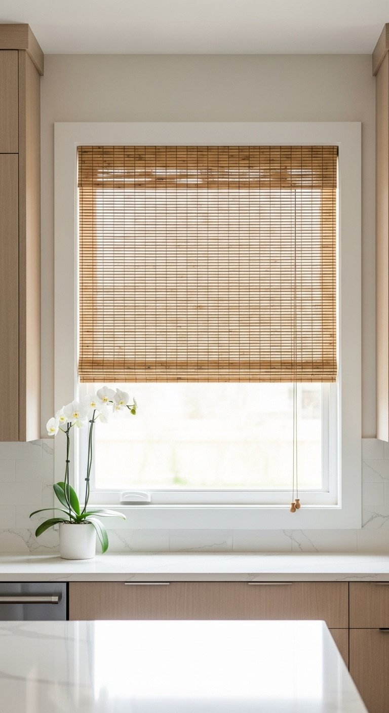Top-down bottom-up woven bamboo shade slightly lowered filtering light in modern neutral kitchen with orchid
