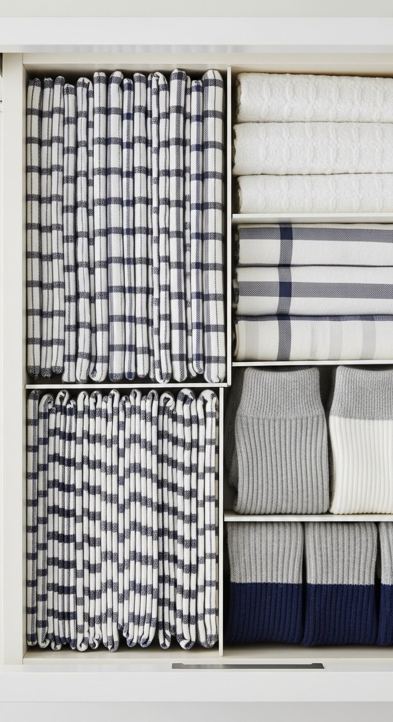 Top-down flat lay of a drawer organizer with file-folded dish cloths and socks