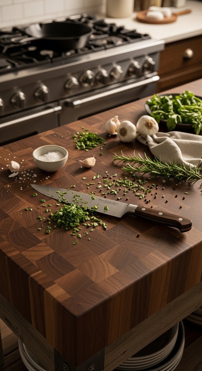 Top-down flat lay of an end-grain walnut butcher block island with chef's knife chopped herbs sea salt and rosemary