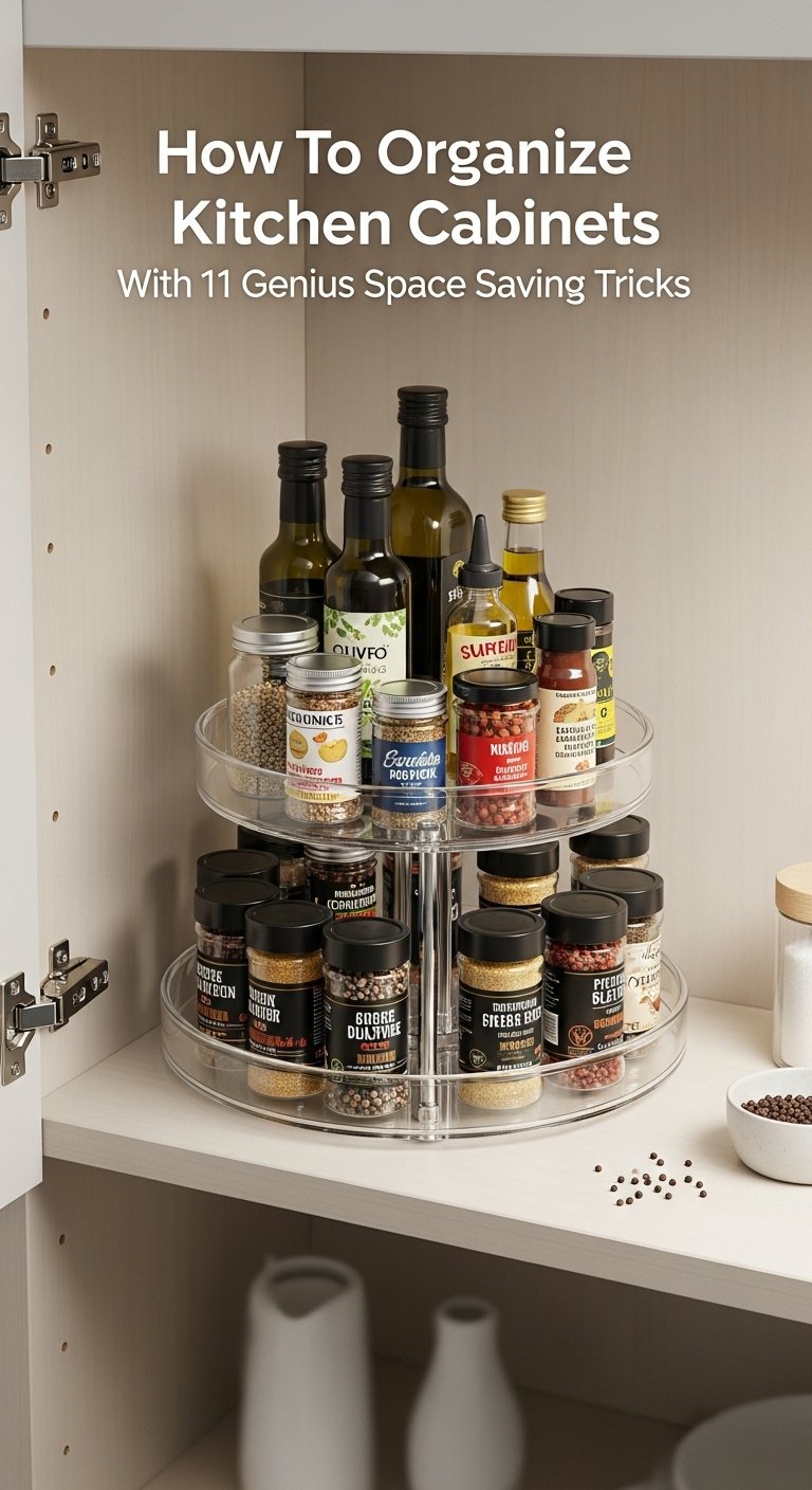 Top-down view of an open corner cabinet with a clear acrylic two-tiered lazy susan holding spices and oils, with peppercorns