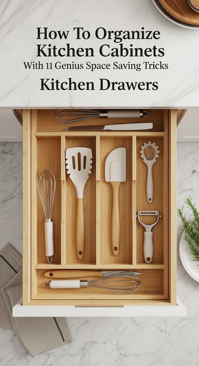 Top-down view of an organized kitchen drawer with bamboo dividers, neatly arranged whisk, spatula, and peeler on a marble counter