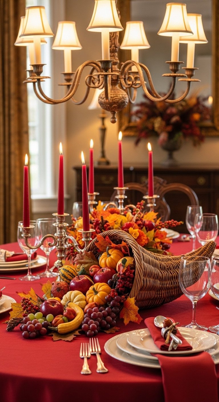 Traditional red Thanksgiving table decor with a wicker cornucopia centerpiece overflowing with apples grapes gourds and pumpkins