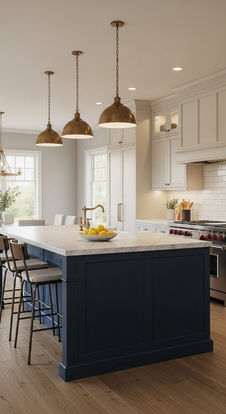 Transitional white oak shaker kitchen with navy island brass pendants and marble countertops creating a warm sophisticated atmosphere