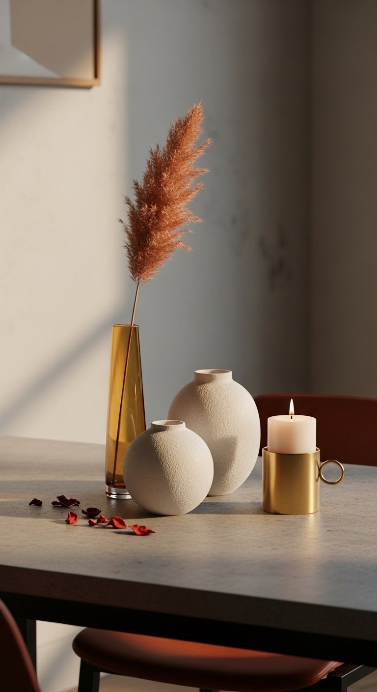 Trio of amber glass vase with pampas grass, white ceramic vessel, and brass candle holder on a concrete dining table