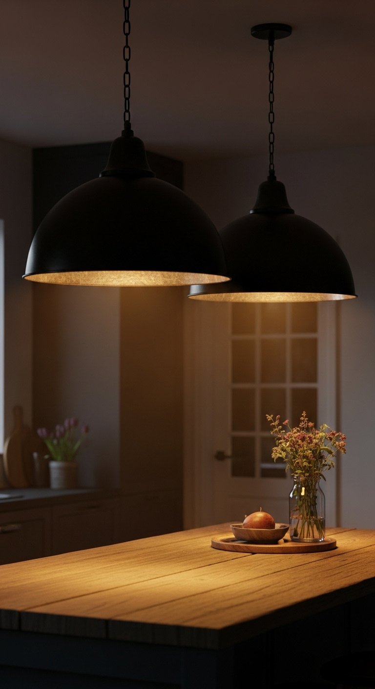 Two black metal dome pendant lights illuminating a rustic wooden kitchen island with wildflowers creating a cozy intimate mood