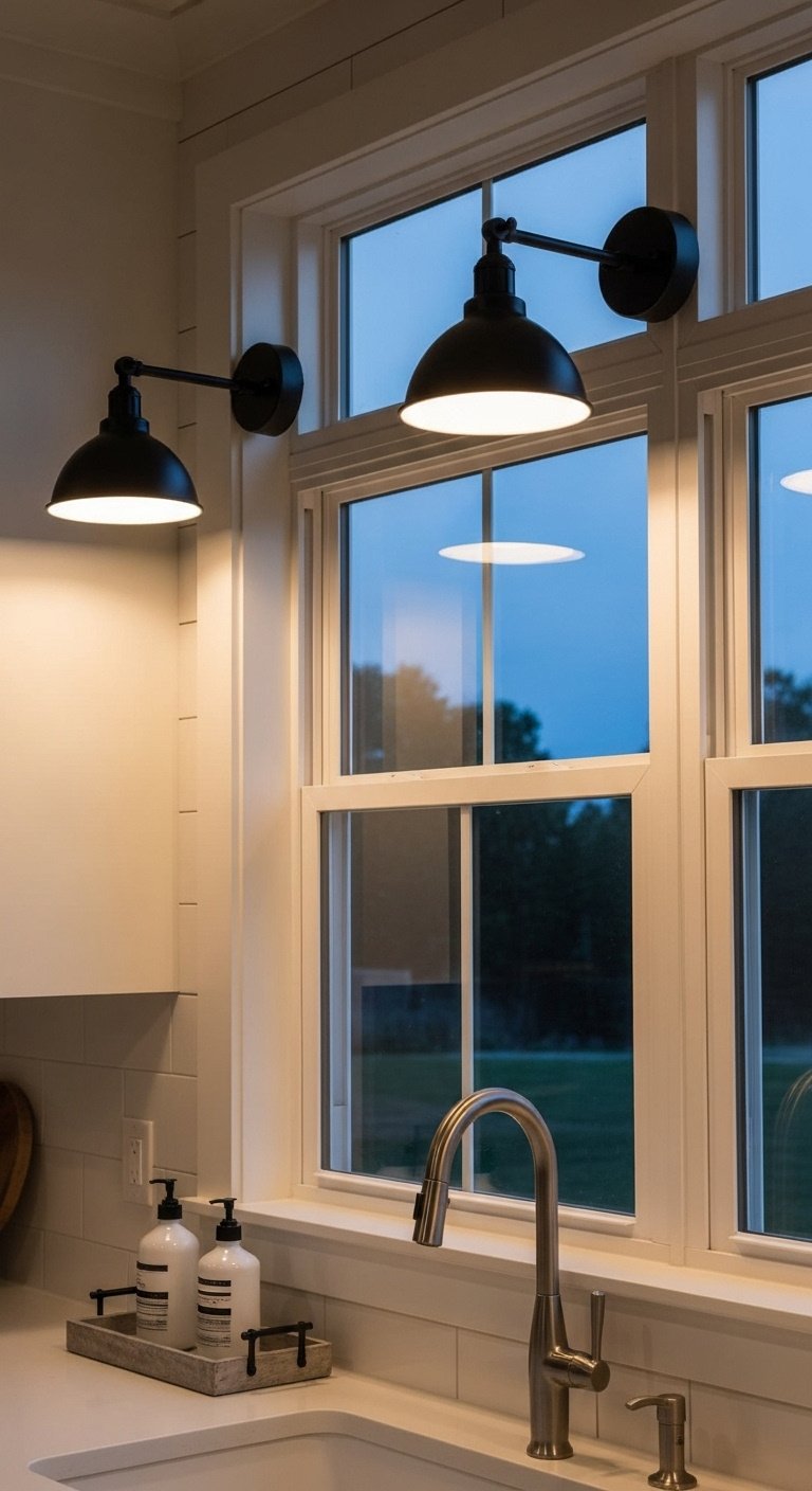 Two black metal gooseneck sconces casting warm glow on shiplap wall flanking kitchen window over sink with soap tray