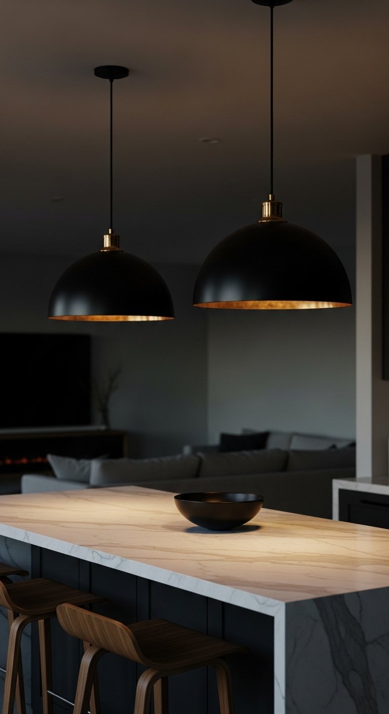 Two elegant black metal dome pendant lights hanging low over a white marble kitchen island casting a warm glow