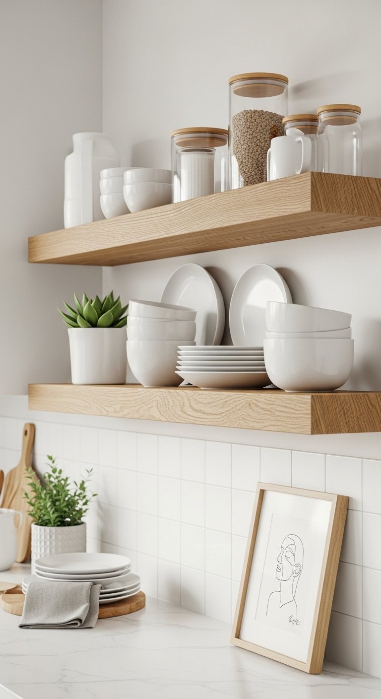 Two thick natural oak floating shelves on a white kitchen wall with ceramic dishes succulent and glass canisters