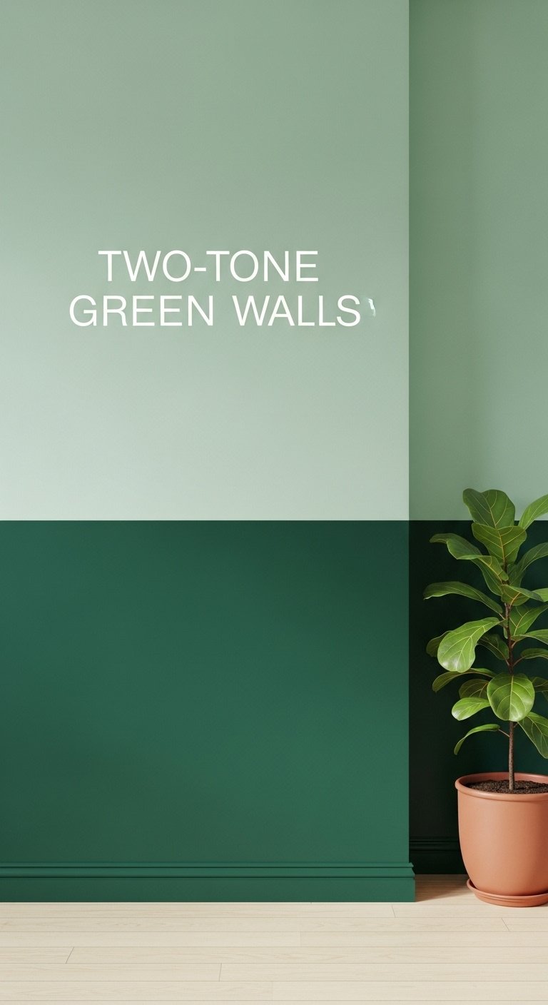 Two-tone green kitchen walls with deep hunter green bottom and soft pistachio green top separated by a crisp line