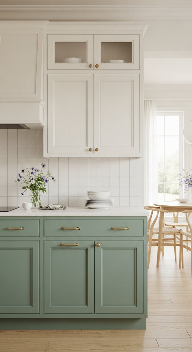 Two tone kitchen cabinets with warm white uppers and sage green lowers accented by brushed brass hardware and wildflowers