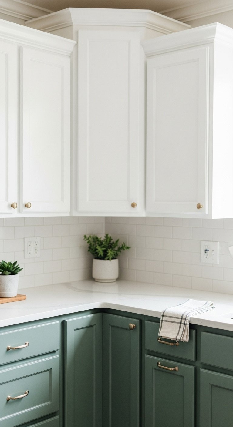 Two tone kitchen cabinets with white uppers and sage green lowers on a white quartz countertop